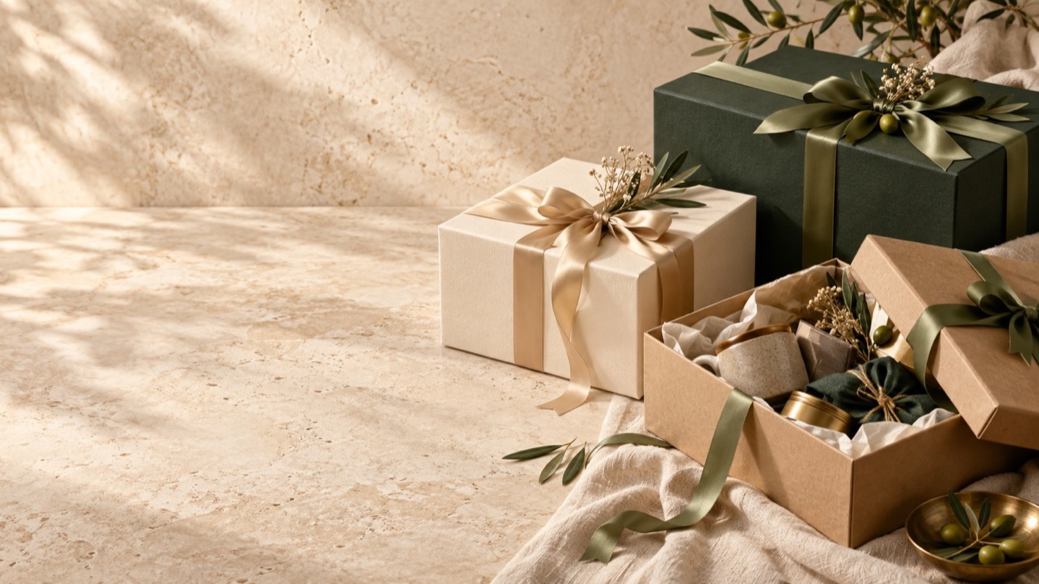 Elegant House of Hedo gift boxes in ivory, kraft and forest green